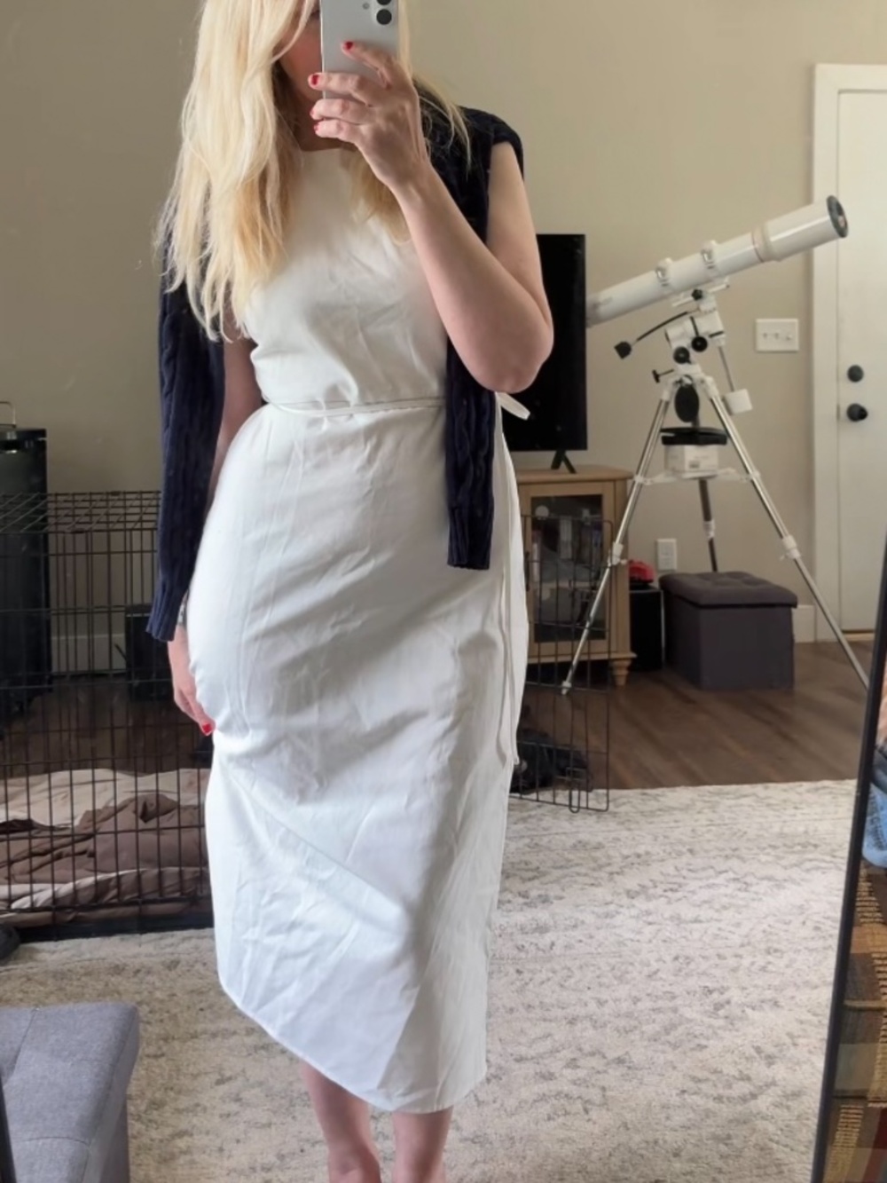 White Commense Cotton Linen Sleeveless Midi Dress S